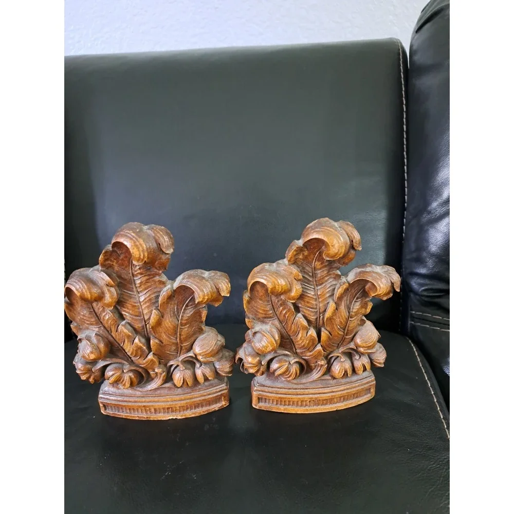2 Vtg 1940s Syroco Faux Wood Bookends Feathers Leafy Leaves Floral EUC Book Ends